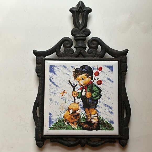 Vintage Decor Seven Star Tile Cast Iron Trivet with Little Boy and Sheep - Picture 1 of 6